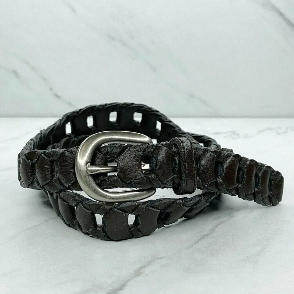 Vintage Brown Woven Leather Belt Silver Buckle Medium (M) ✨